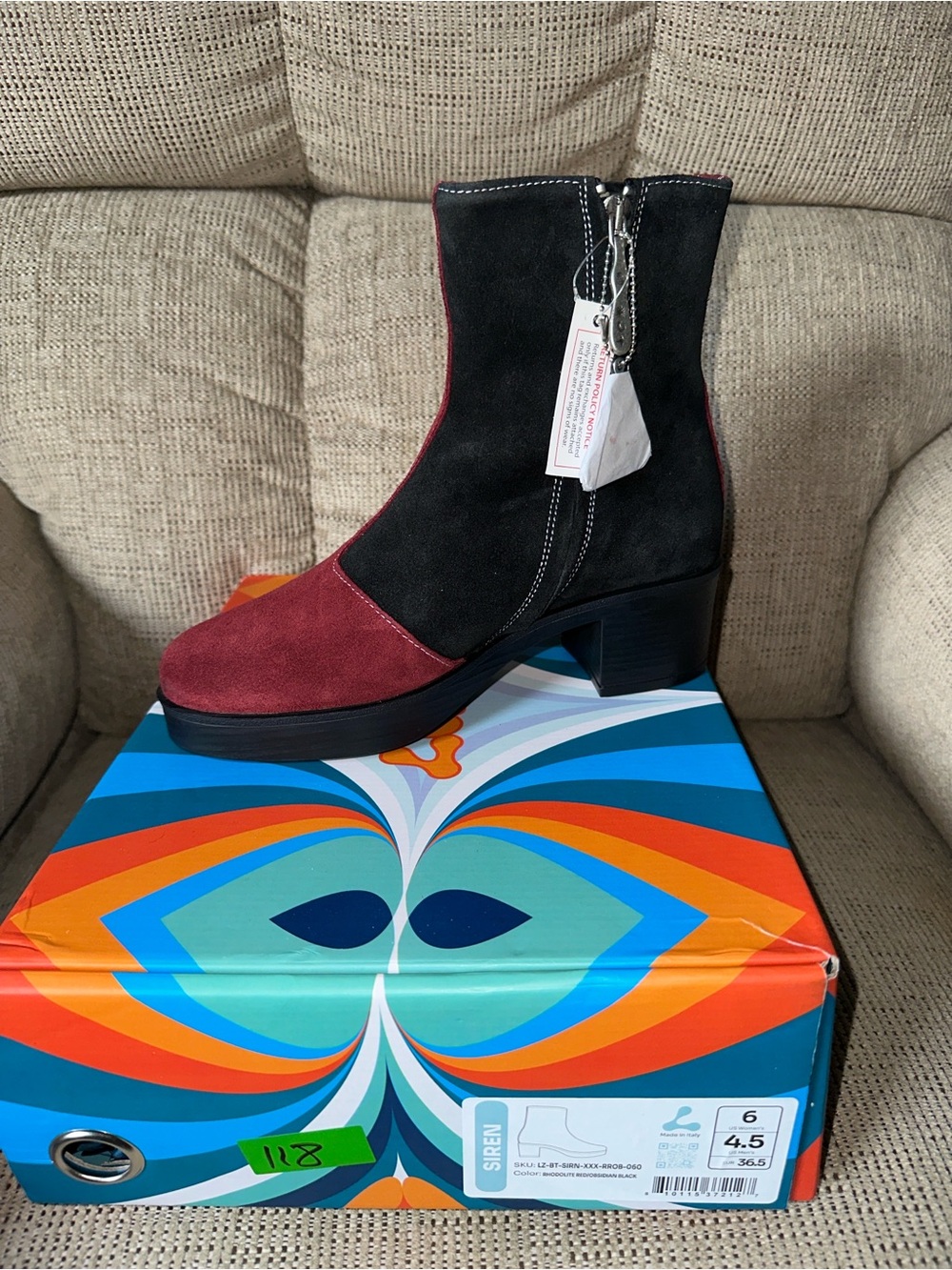 Two-Tone Black and Burgundy Suede Ankle Boot -